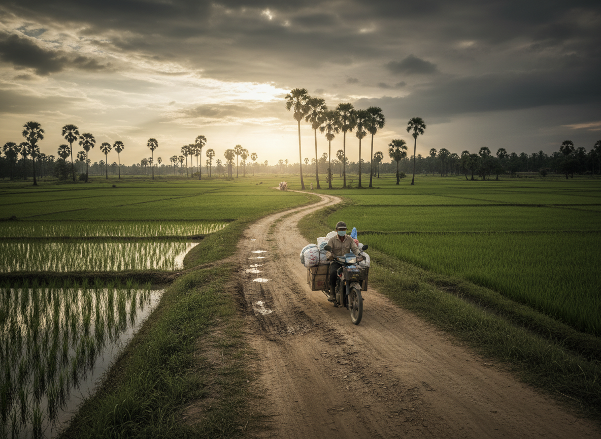 Dramatic documentary-style photojournalism image of rural Cambodia at golden hour. A dirt road winding through green rice paddies with distant palm trees, a single motorbike carrying supplies, dramatic overcast sky. Cinematic, gritty, real, muted earthy tones. Humanitarian aid feeling. Wide landscape shot.